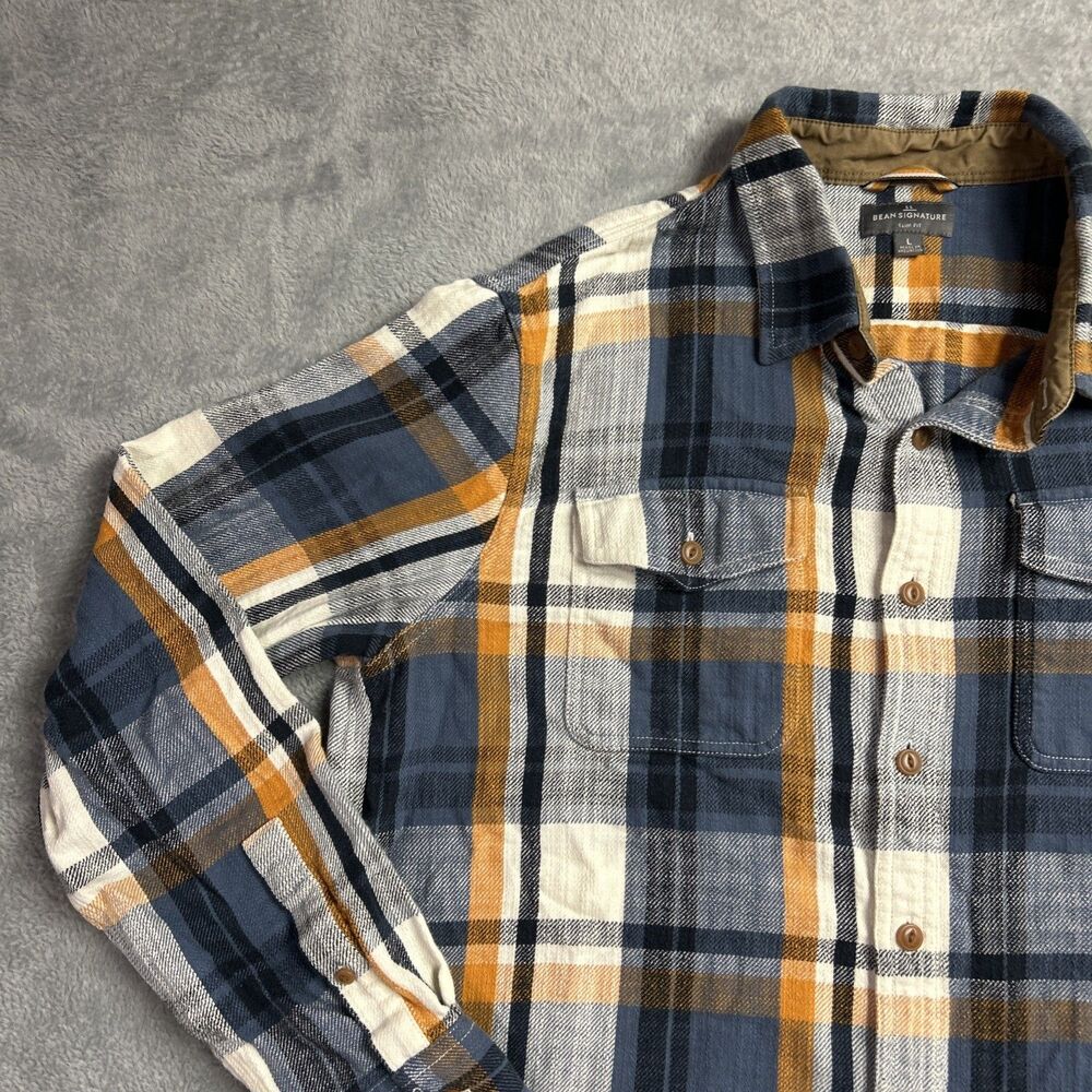 LL Bean Signature Slim Fit Flannel Shirt Mens Plaid Button Up Blue/Orange Sz. L - Picture 6 of 12